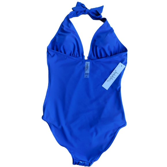 🌟 NWT NICOLE MILLER Royal Blue Halter Plunge Swimwear Women's Size 8  Shirred - Picture 7 of 14